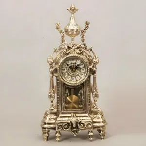 Luxury Silver-Plated Baroque Bronze Table Clock with Urn Finial and Pendulum Front View by Luxury Group International