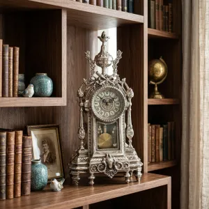 Luxus versilberte barocke Bronze-Tischuhr mit Urnenaufsatz und Pendel Lifestyle-Ansicht von Luxury Group International