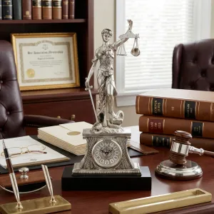 Reloj de Mesa de Bronce Chapado en Plata de Lujo con Escultura de la Dama de la Justicia sobre Base Negra Vista lifestyle por Luxury Group International