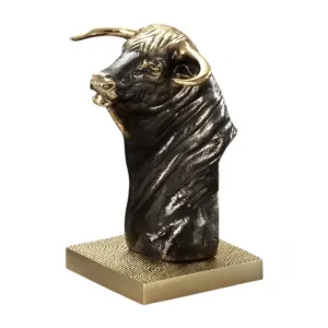 Luxury Small Bull Head Bronze Sculpture on Textured Golden Base Front View by Luxury Group International