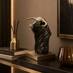 Luxury Small Bull Head Bronze Sculpture on Textured Golden Base Lifestyle View by Luxury Group International