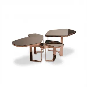 Ensemble de 4 Tables Gigognes de Luxe en Verre Fumé Marron et Or Rose - Table Basse de Luxe Vue de côté par Luxury Group International