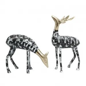 Luxus Bronze-Skulpturenpaar mit geflecktem Hirsch und Reh und goldenen Akzenten Vorderansicht von Luxury Group International