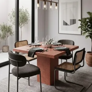 Mesa Pedestal Cuadrada de Concreto de Lujo para Uso Interior y Exterior Vista lifestyle por Luxury Group International