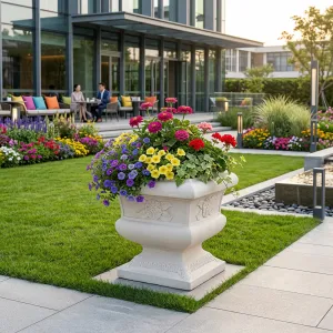 Macetero Cuadrado de Lujo para Jardín con Panel Floral Esculpido y Base Acampanada - Maceteros de Lujo Vista lifestyle por Luxury Group International
