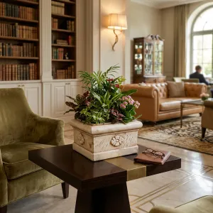 Jardinière Carrée de Luxe avec Relief Rosace Florale Sculptée - Jardinières de Luxe Vue lifestyle par Luxury Group International