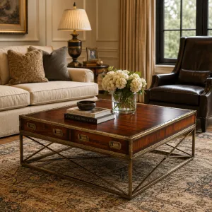 Luxury Square Wooden Coffee Table on Geometric Base with Integrated Drawer Storage Lifestyle View by Luxury Group International