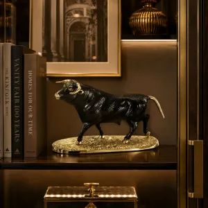 Luxury Standing Bull Bronze Sculpture in Dark Oxidized Finish on Golden Textured Base Lifestyle View by Luxury Group International