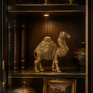 Luxury Standing Camel Golden Bronze Sculpture with Ornamental Saddle Blanket - Luxury Bronze Figure Lifestyle View by Luxury Group International