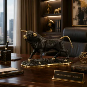 Luxury Striding Bull Bronze Sculpture with Golden Accents Lifestyle View by Luxury Group International