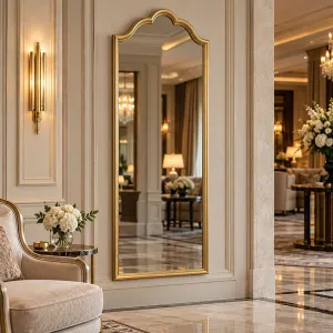 Luxury Tall Baroque Wall Mirror with Scalloped Crown and Slim Golden Frame Lifestyle View by Luxury Group International