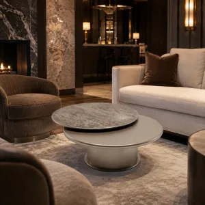 Luxury Taupe Adjustable Round Coffee Table with Rotating Textured Top - Luxury Coffee Table Lifestyle View by Luxury Group International
