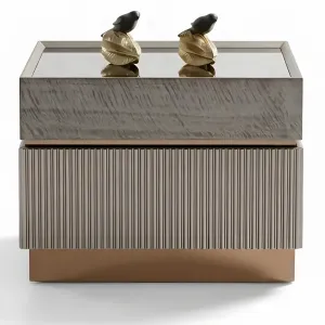 Luxury Taupe and Bronze Nightstand with Smoked Mirror Top - Luxury Nightstand Front View by Luxury Group International