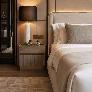 Luxury Taupe and Bronze Nightstand with Smoked Mirror Top - Luxury Nightstand Lifestyle View by Luxury Group International