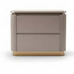 Luxury Taupe Beige Nightstand in Matte Wood with Gold Base and Fluted Sides - Luxury Hotel Furniture Front View by Luxury Group International