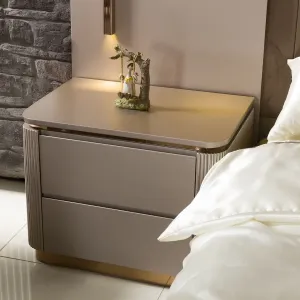 Luxury Taupe Beige Nightstand in Matte Wood with Gold Base and Fluted Sides - Luxury Hotel Furniture Lifestyle View by Luxury Group International
