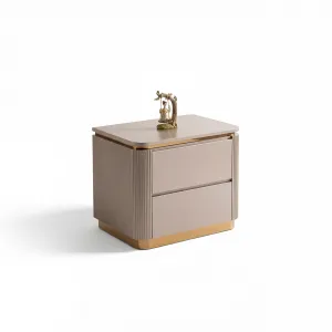 Luxury Taupe Beige Nightstand in Matte Wood with Gold Base and Fluted Sides - Luxury Hotel Furniture Side View by Luxury Group International