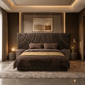 Luxury Taupe Bronze Cylindrical Nightstand with Two-Tier Storage - Luxury Hotel Furniture Lifestyle View by Luxury Group International