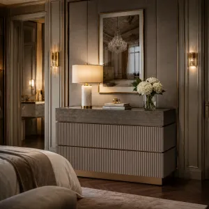 Luxury Taupe Bronze Dresser with Fluted Drawers and Smoked Mirror Top - Luxury Dresser Lifestyle View by Luxury Group International