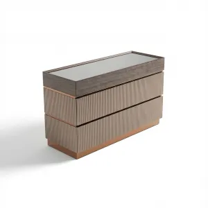 Luxury Taupe Bronze Dresser with Fluted Drawers and Smoked Mirror Top - Luxury Dresser Side View by Luxury Group International