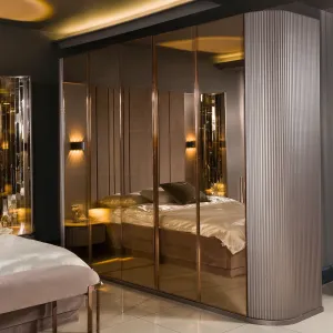 Luxury Taupe Bronze Mirrored Wardrobe with Fluted Rounded Sides - Luxury Hotel Furniture Lifestyle View by Luxury Group International