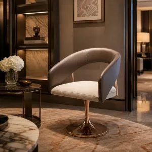Fauteuil Pivotant de Luxe Taupe et Crème avec Base en Or Rose - Fauteuil de Luxe Vue lifestyle par Luxury Group International