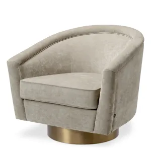 Luxuriöser Sessel aus taupefarbenem Samt mit geschwungener Rückenlehne und goldenem Gestell – 80 cm – Luxus-Hotelmöbel Vorderansicht von Luxury Group International