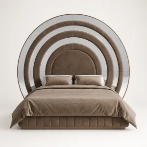 Luxury Taupe Velvet Bed with Concentric Mirrored Headboard - Luxury Bed - Luxury Hotel Furniture Front View by Luxury Group International