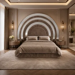 Luxury Taupe Velvet Bed with Concentric Mirrored Headboard - Luxury Bed - Luxury Hotel Furniture Lifestyle View by Luxury Group International