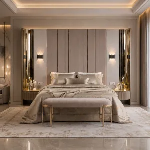 Luxury Taupe Wall-Mounted Nightstand with Fluted Curved Front - Luxury Nightstand Lifestyle View by Luxury Group International