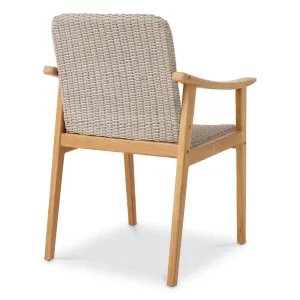 Luxus Teak Outdoor Essstuhl mit beige geflochtenem Sitz & Armlehnen – Luxus Hotelmöbel Rückansicht von Luxury Group International