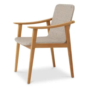Luxus Teak Outdoor Essstuhl mit beige geflochtenem Sitz & Armlehnen – Luxus Hotelmöbel Vorderansicht von Luxury Group International