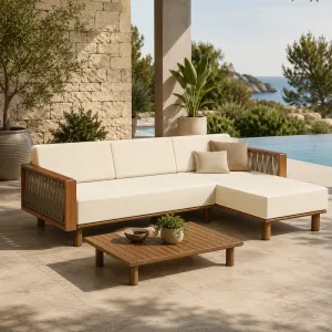Luxury Teak Three-Seater Outdoor Sofa with Right Chaise Lounge Lifestyle View by Luxury Group International