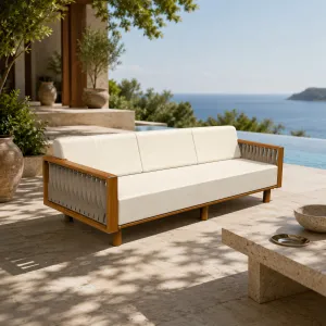 Divano 3 Posti in Legno di Teak di Lusso con Pannello a Fisarmonica Intrecciato | Lounge Esterno di Lusso Vista lifestyle di Luxury Group International