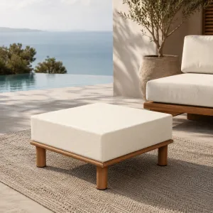 Luxury Teak Wood Outdoor Ottoman with Cream Upholstered Cushion Lifestyle View by Luxury Group International