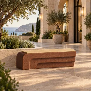 Luxury Terracotta Brown Concrete Outdoor Bench with Wood Seat - Luxury Outdoor Furniture Lifestyle View by Luxury Group International