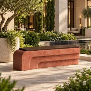 Luxury Terracotta Red Concrete Outdoor Bench with Dark Wood Seat - Outdoor Furniture Lifestyle View by Luxury Group International