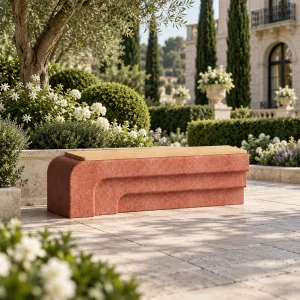 Luxury Terracotta Red Outdoor Bench with Natural Wood Seat - Outdoor Furniture Lifestyle View by Luxury Group International