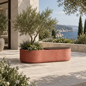 Luxury Terracotta Red Oval Outdoor Planter with Integrated Dark Wooden Seating - Outdoor Furniture Lifestyle View by Luxury Group International