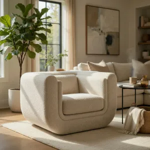 Luxuriöser Texturierter Beiger Lounge-Sessel mit Geschwungenem Design 112 cm Lifestyle-Ansicht von Luxury Group International