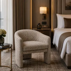 Luxury Textured Bouclé Designer Armchair with Curved Arms – Luxury Hotel Furniture Lifestyle View by Luxury Group International