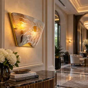 Luxury Textured Glass Wall Lamp with Golden Frame and Sculptural Design - Luxury Hotel Furniture Lifestyle View by Luxury Group International
