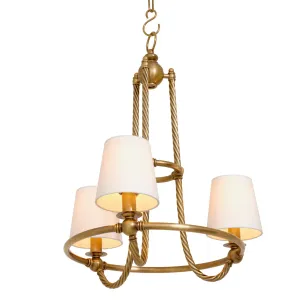 Lustre de luxe à trois branches doré avec structure torsadée et abat-jours en tissu – 69 cm - Lustre de luxe Vue de face par Luxury Group International