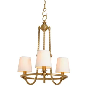 Lustre de luxe à trois branches doré avec structure torsadée et abat-jours en tissu – 69 cm - Lustre de luxe Vue de face par Luxury Group International