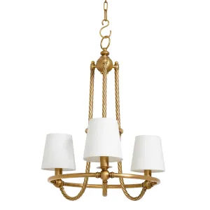 Lustre de luxe à trois branches doré avec structure torsadée et abat-jours en tissu – 69 cm - Lustre de luxe Vue de côté par Luxury Group International