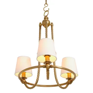 Lustre de luxe à trois branches doré avec structure torsadée et abat-jours en tissu – 69 cm - Lustre de luxe Vue de côté par Luxury Group International