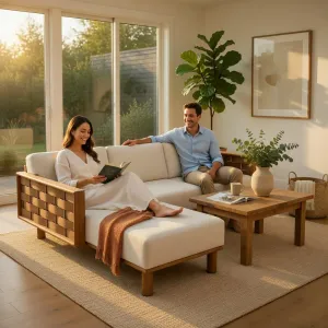 Luxus Dreisitziges Chaiselongue-Sofa mit Holzrahmen-Design Lifestyle-Ansicht von Luxury Group International