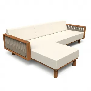 Luxury Three-Seater Sofa with Left Chaise Lounge | Teak Wood & Woven Accordion Front View by Luxury Group International