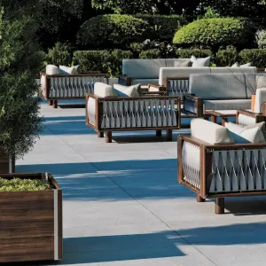 Luxury Three-Seater Sofa with Left Chaise Lounge | Teak Wood & Woven Accordion Lifestyle View by Luxury Group International