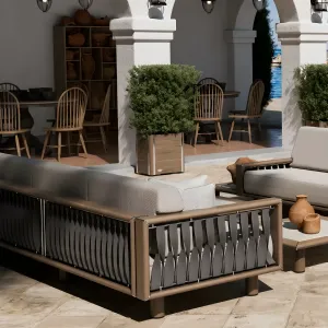 Luxury Three-Seater Sofa with Left Chaise Lounge | Teak Wood & Woven Accordion Lifestyle View by Luxury Group International